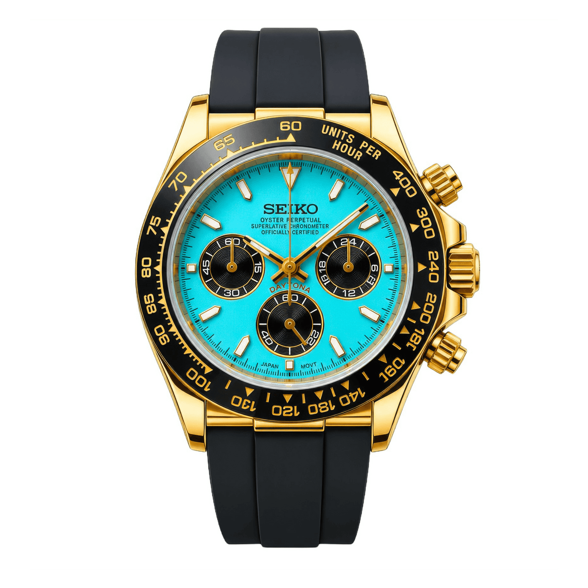 SEIKO MOD Daytona | Or & Bleu Tiffany Oysterflex - Maison Mods