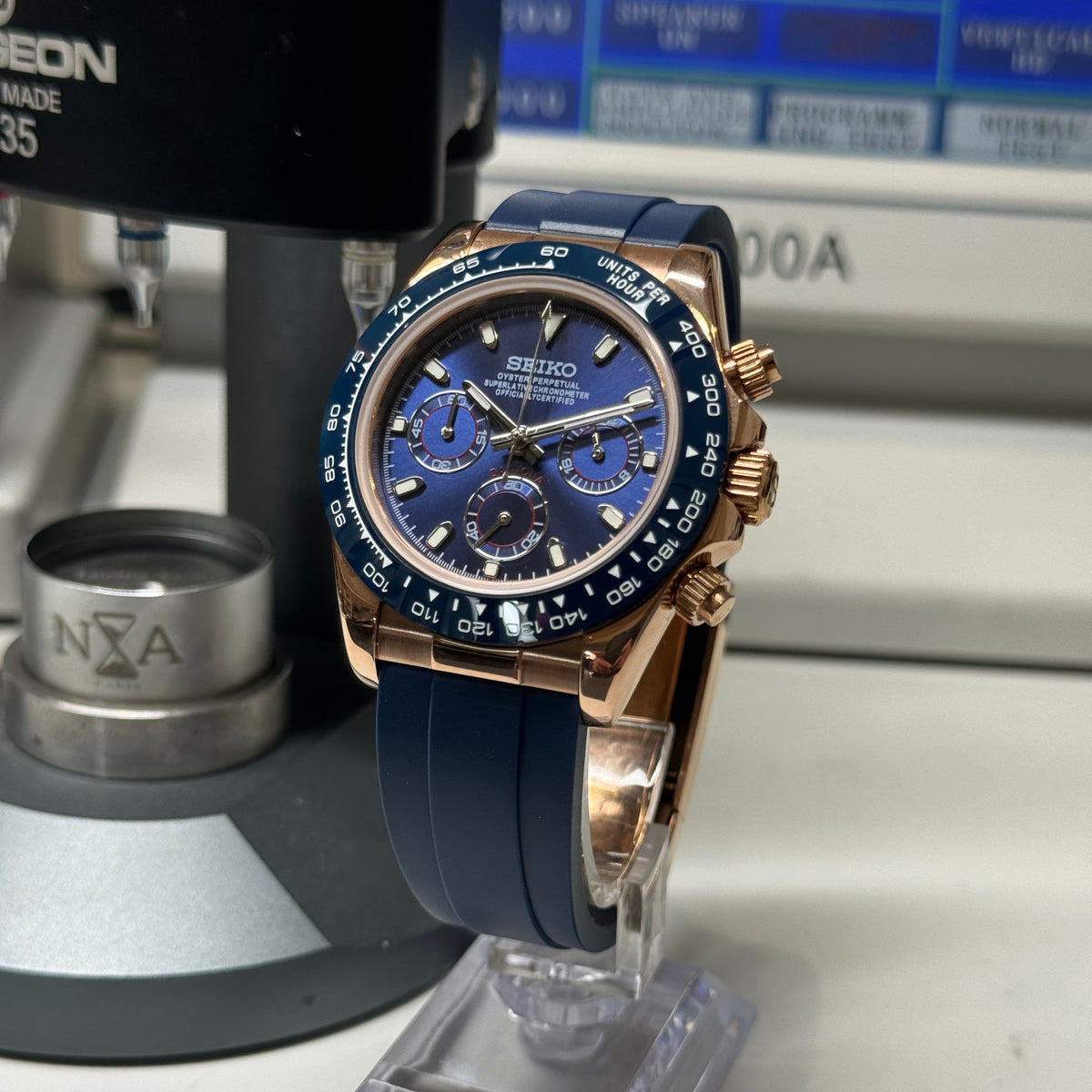 SEIKO MOD Daytona | Or rose & Bleu Oysterflex