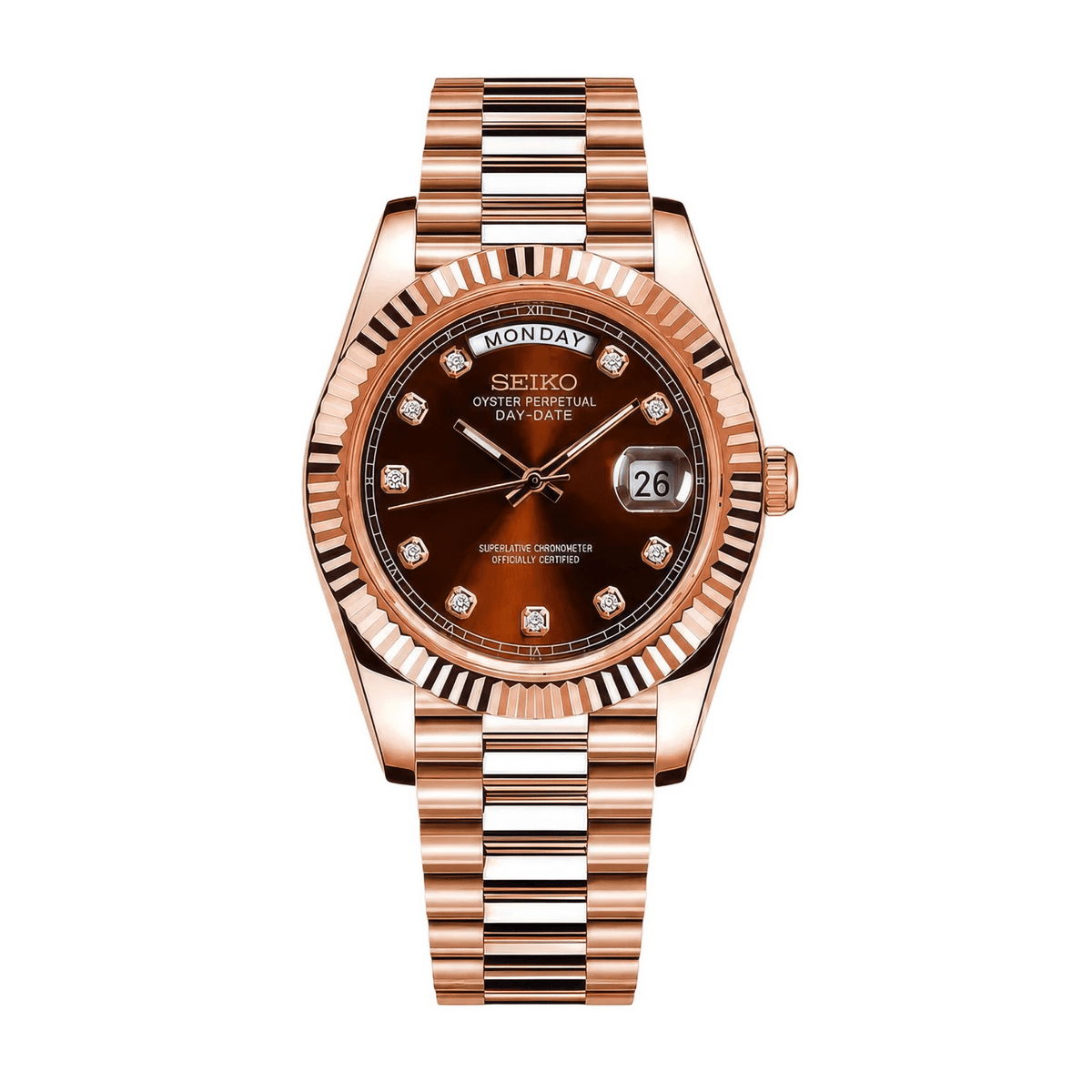 SEIKO MOD Day-Date | Or rose & Chocolat Diamant - Maison Mods