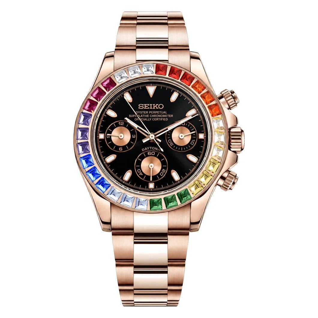 SEIKO MOD Daytona | Rainbow Or rose & Noir - Maison Mods